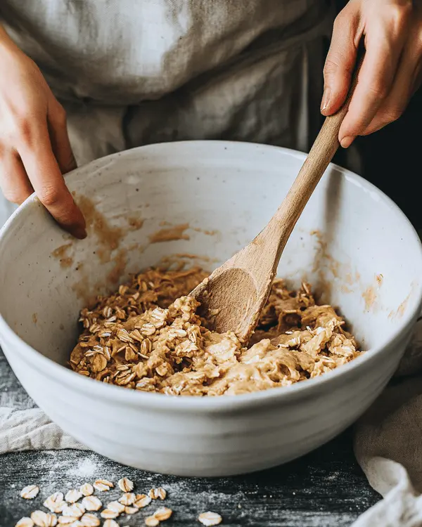 Cookie Balls No Bake 3 Hands mixing no bake cookie ball dough with wooden spoon in white bowl showing combined oats and peanut butter
