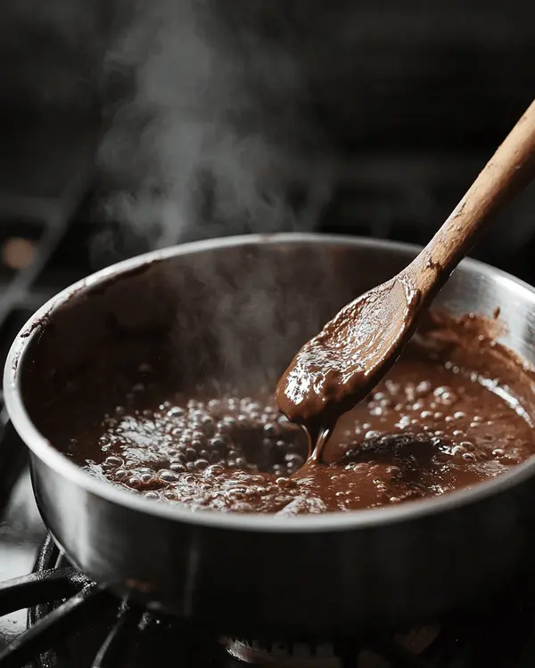 Chocolate mixture at a rolling boil in saucepan with wooden spoon, showing the critical boiling step for no bake cookies with graham crackers