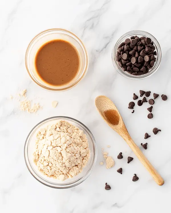 Fresh ingredients for no-bake almond butter cookies including almond flour, almond butter, maple syrup, vanilla extract, cinnamon, and chocolate chips arranged on marble countertop
