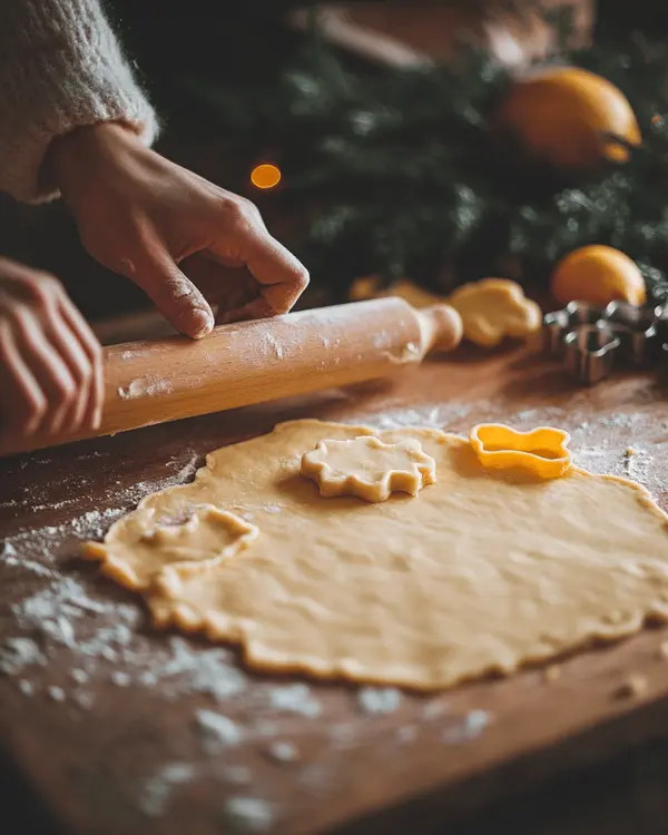 Hands rolling out no bake condensed milk cookie dough with wooden rolling pin on floured surface