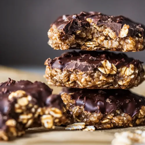 No Bake Cookies with Graham Crackers 5 Stack of three no bake cookies with graham crackers showing texture details of oats, graham crackers, and chocolate coating