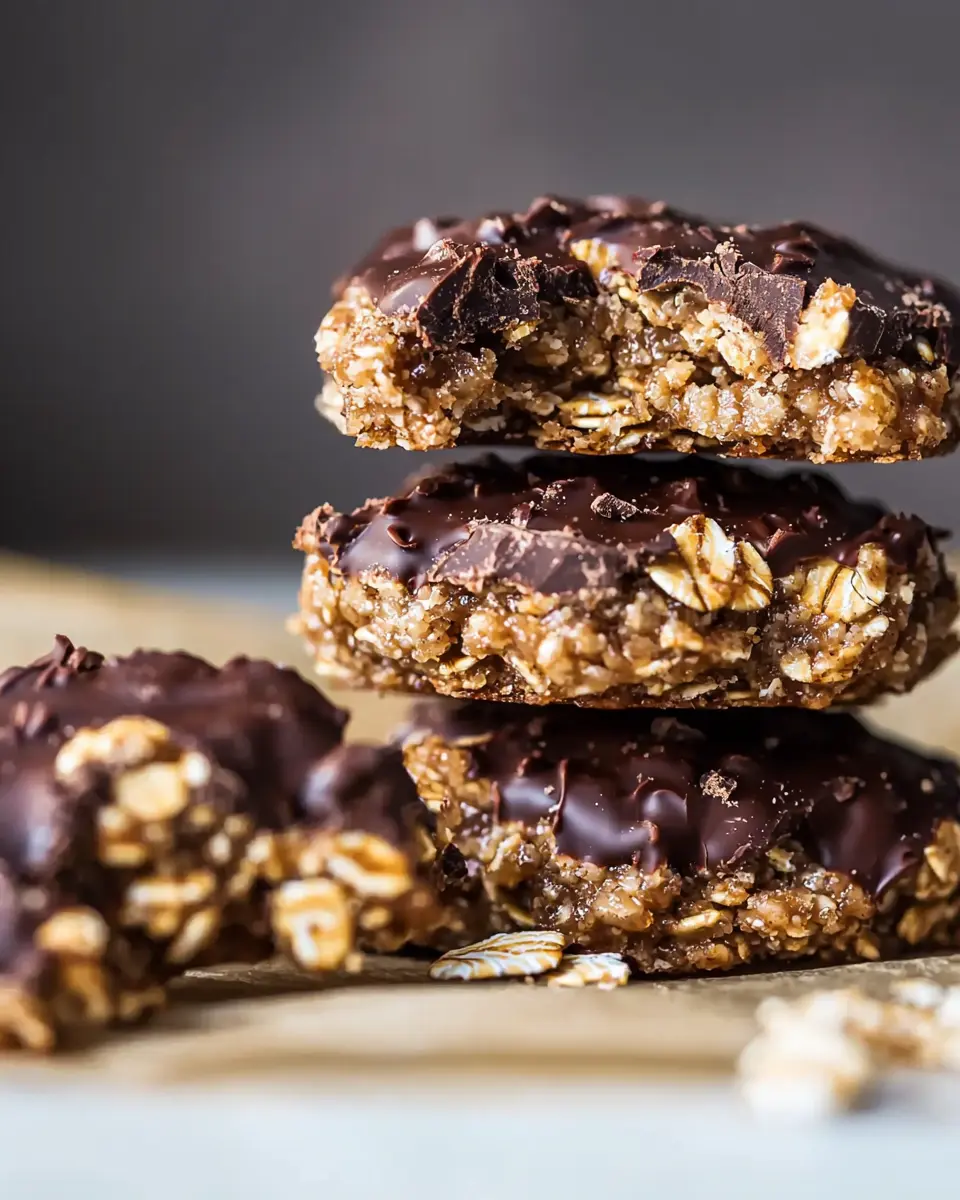 Stack of three no bake cookies with graham crackers showing texture details of oats, graham crackers, and chocolate coating