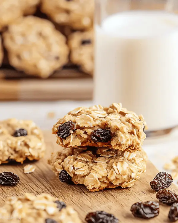 Oatmeal Raisin Cookies No Bake 4 Stack of homemade no-bake oatmeal raisin cookies on wooden board served with glass of milk