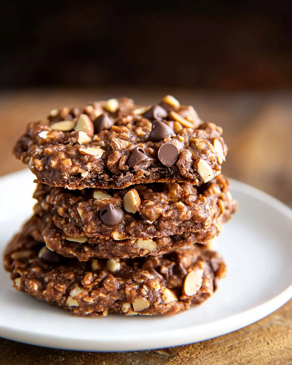 No Bake Cookies Without Oats 1 Stack of three no bake cookies without oats showing chunky almond and chocolate chip texture on white plate