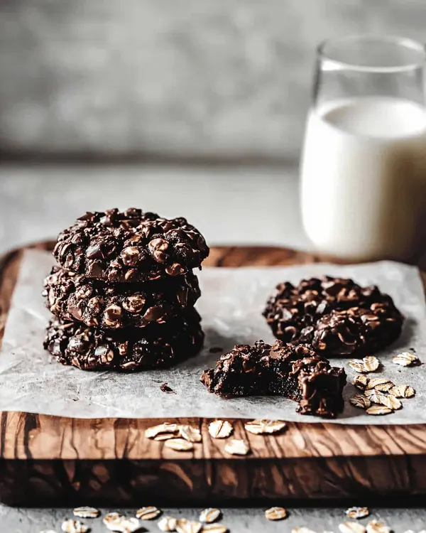 Dark Chocolate No Bake Cookies 4 Dark chocolate no bake cookies served on wooden board with glasses of milk in cozy kitchen setting
