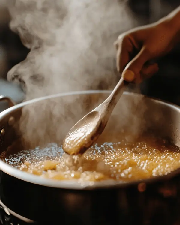 No Bake Samoa Cookies 3 Wooden spoon stirring bubbling butterscotch sugar mixture in saucepan for no bake Samoa cookies