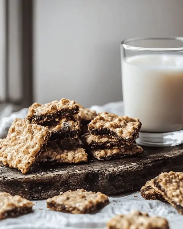 Finished no bake cookies with graham crackers served on wooden board alongside glass of milk in cozy kitchen setting