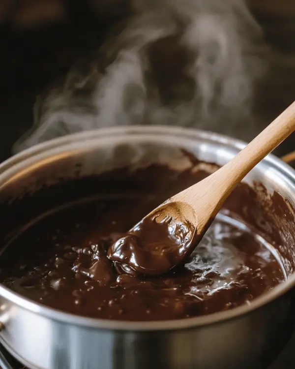 Chocolate peanut butter mixture being stirred in saucepan during no bake protein cookies preparation