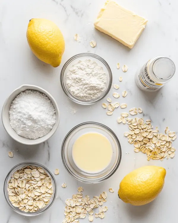Lemon Oatmeal No Bake Cookies Recipe 2 Ingredients for lemon oatmeal no bake cookies including sugar, butter, milk, lemon pudding mix, quick oats, and vanilla extract arranged on marble countertop