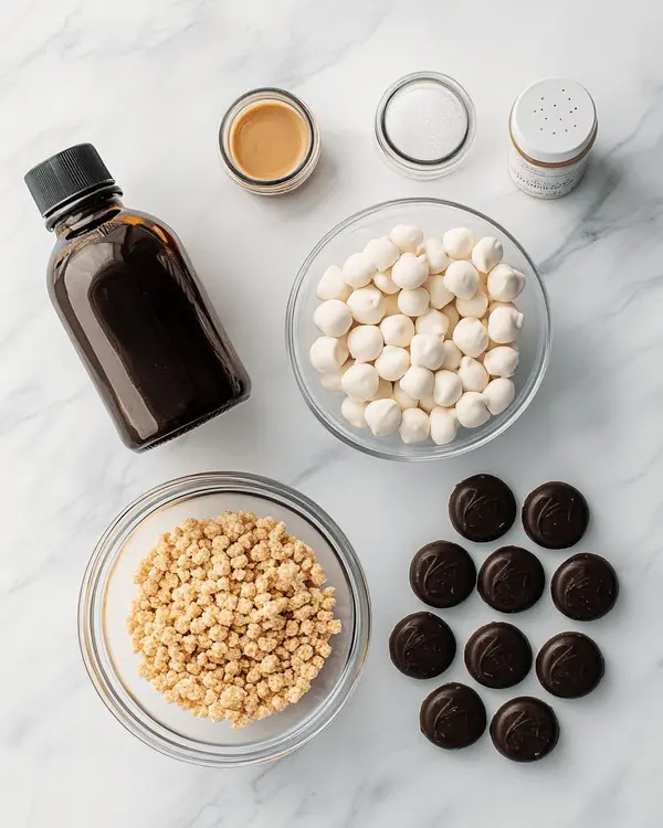 No Bake Peanut Butter Kiss Cookies 2 Ingredients for no bake peanut butter kiss cookies including corn syrup, brown sugar, peanut butter, vanilla, Rice Krispies cereal, and chocolate kisses arranged on white marble counter
