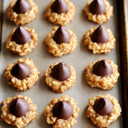 No Bake Peanut Butter Kiss Cookies 5 Overhead view of freshly made no bake peanut butter kiss cookies on parchment-lined baking sheet with chocolate kisses centered on each cookie