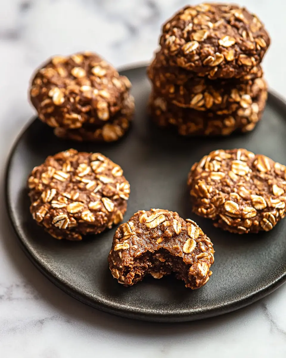 Close-up hero shot of no bake protein cookies showing rich chocolate color and oat texture with one cookie featuring a bite taken out