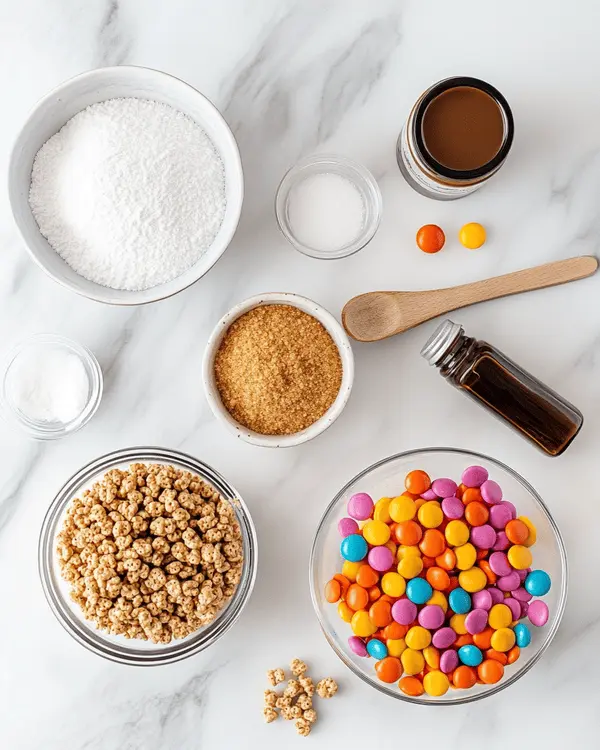 No Bake Rice Crispy Cookies 2 Ingredients for no bake rice crispy cookies arranged on white marble surface including sugars, corn syrup, peanut butter, vanilla, Rice Krispies cereal, and Reese's Pieces candies