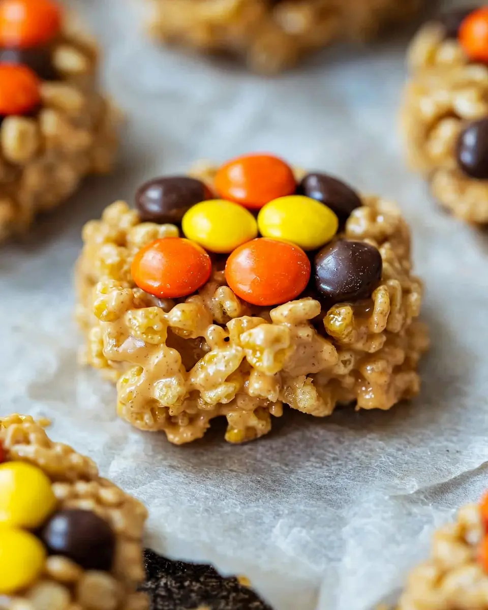 No Bake Rice Crispy Cookies 1 Close-up hero shot of a single no bake rice crispy cookie showing detailed texture of cereal pieces and colorful Reese's Pieces bound with golden peanut butter mixture