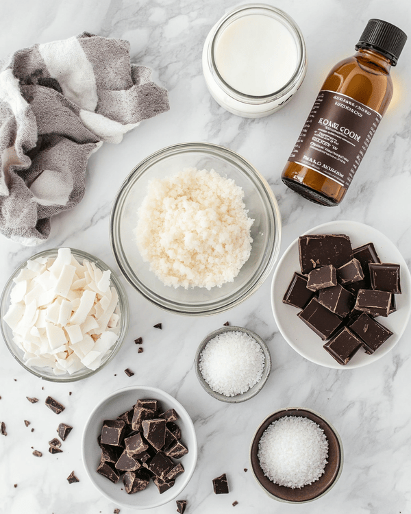 No Bake Caramel Cookies 2 No bake caramel cookies ingredients laid out on marble counter including coconut sugar, coconut oil, coconut milk, vanilla, sea salt, shredded coconut, and chocolate chunks