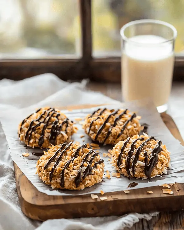 No Bake Samoa Cookies 4 Finished no bake Samoa cookies arranged on wooden serving board with glass of milk