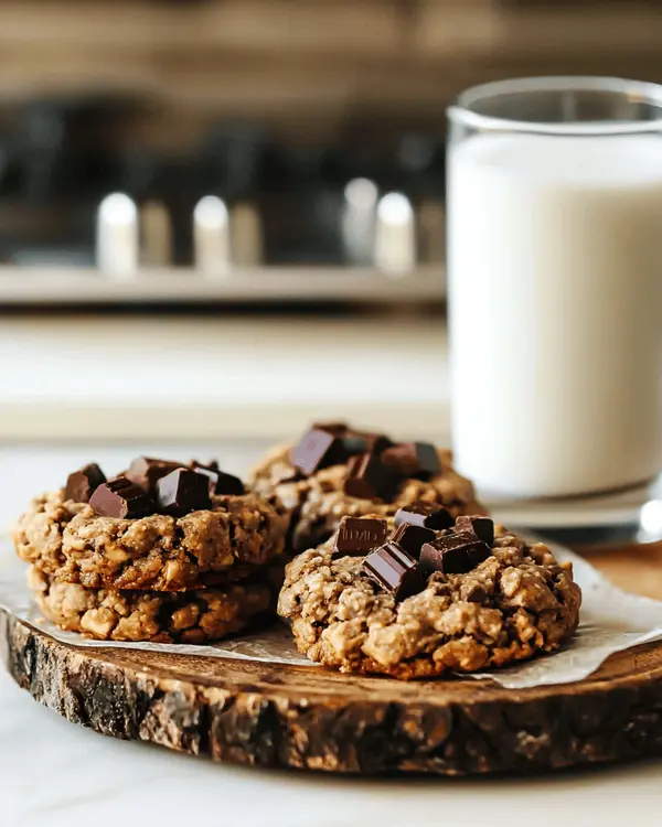 Ultimate SunButter No Bake Cookies Recipe 4 Three golden SunButter no bake cookies served on wooden plate with glass of milk, topped with chocolate chunks