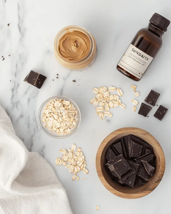 Ultimate SunButter No Bake Cookies Recipe 2 Ingredients for SunButter no bake cookies laid out on marble counter including sunflower seed butter, maple syrup, oats, and chocolate chips