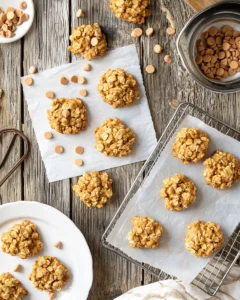 Freshly made oatmeal butterscotch no bake cookies cooling on parchment paper and displayed on plates in a warm kitchen setting