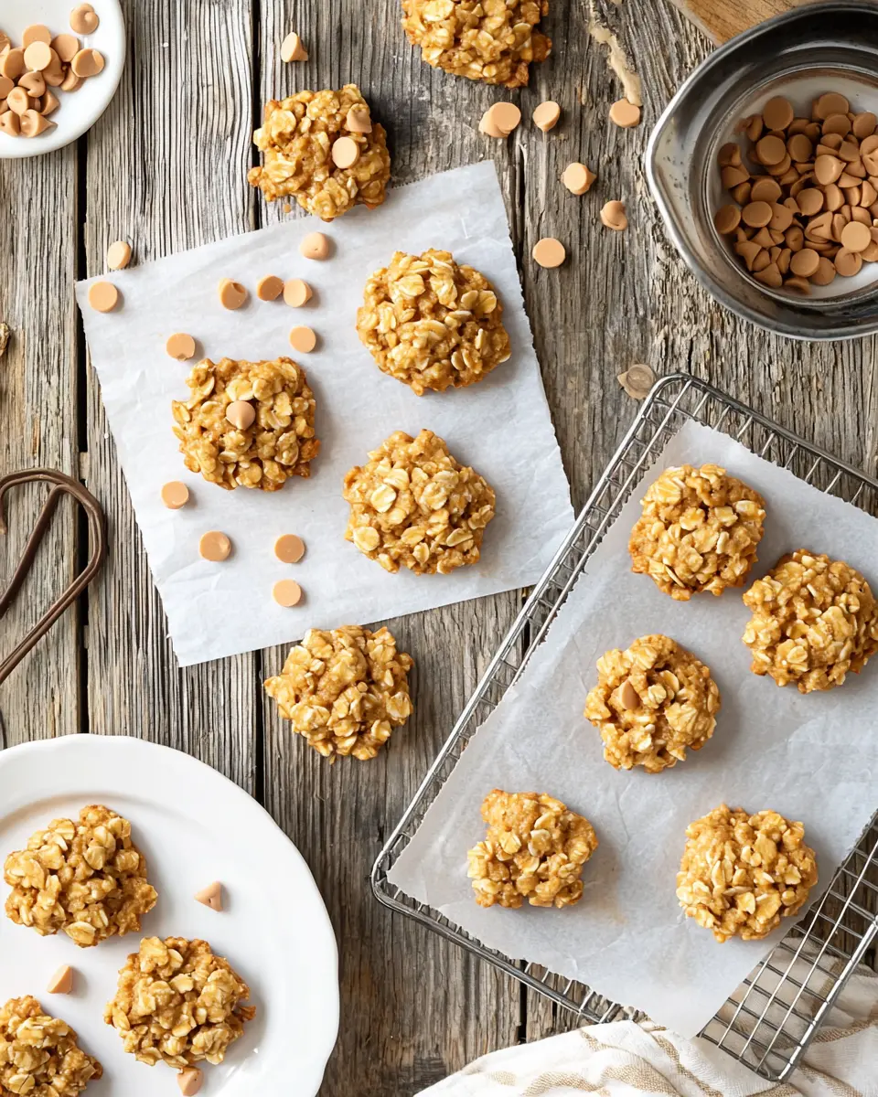 Ultimate Oatmeal Butterscotch No Bake Cookies 1 Freshly made oatmeal butterscotch no bake cookies cooling on parchment paper and displayed on plates in a warm kitchen setting