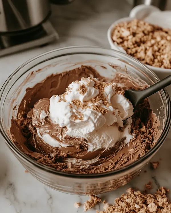 French Silk Pie Ice Cream 3 Mixing chocolate pudding and folding in whipped cream to make French silk pie ice cream.