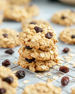 Freshly made oatmeal raisin cookies no bake cooling on wire rack with scattered oats and raisins