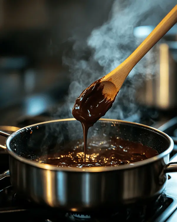 Paleo No Bake Cookies 3 Maple syrup boiling in small saucepan with wooden spoon, creating the base for paleo no bake cookies