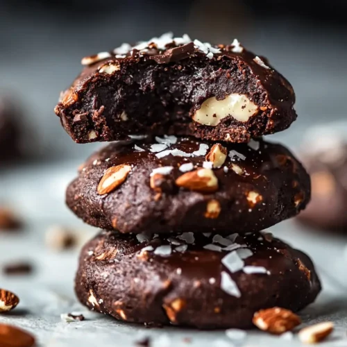 Paleo No Bake Cookies 5 Stack of three paleo no bake cookies with coconut and almonds, one cookie showing bite revealing fudgy chocolate interior