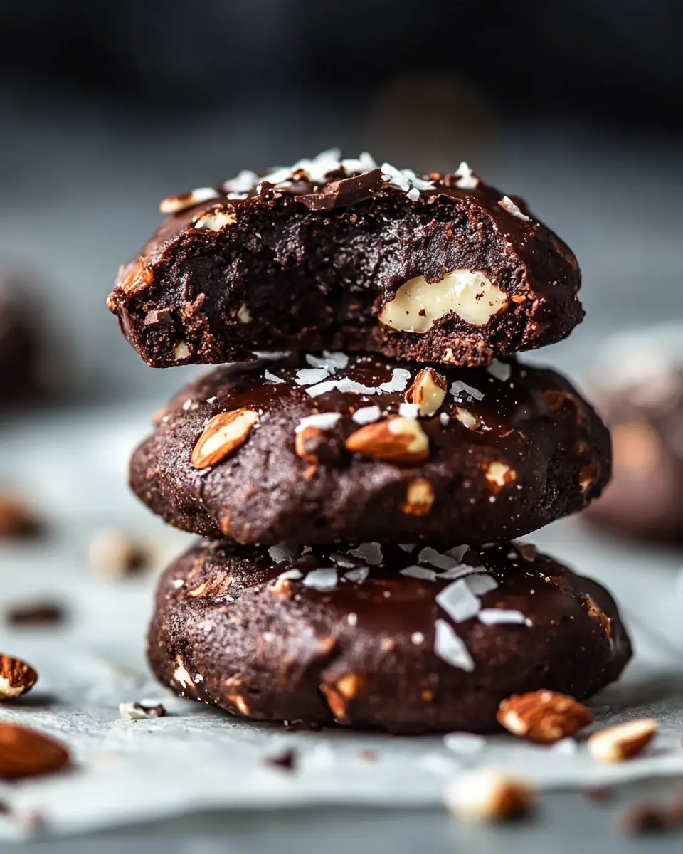 Paleo No Bake Cookies 1 Stack of three paleo no bake cookies with coconut and almonds, one cookie showing bite revealing fudgy chocolate interior