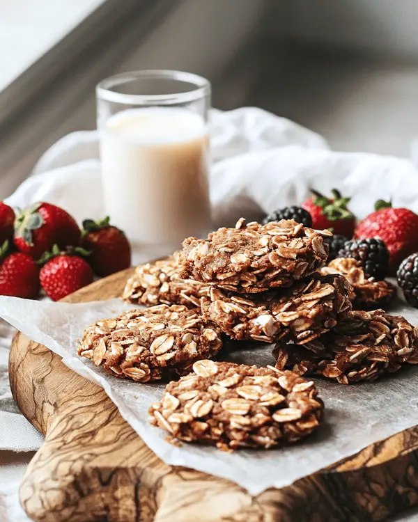 Paleo No Bake Cookies 4 Paleo no bake cookies served on wooden board with fresh berries and glass of almond milk in natural lighting