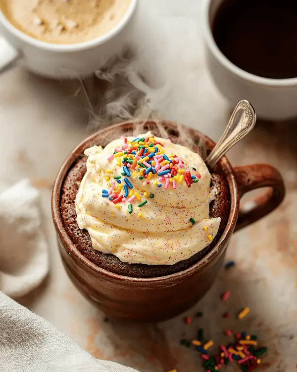 Cake Mix Mug Cake Recipe 4 Freshly made cake mix mug cake with frosting and sprinkles served alongside coffee