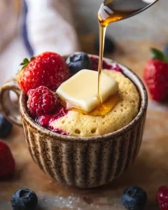 Hero image of golden pancake mix mug cake with melting butter and maple syrup drizzle in ceramic mug