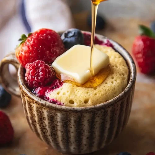 Hero image of golden pancake mix mug cake with melting butter and maple syrup drizzle in ceramic mug