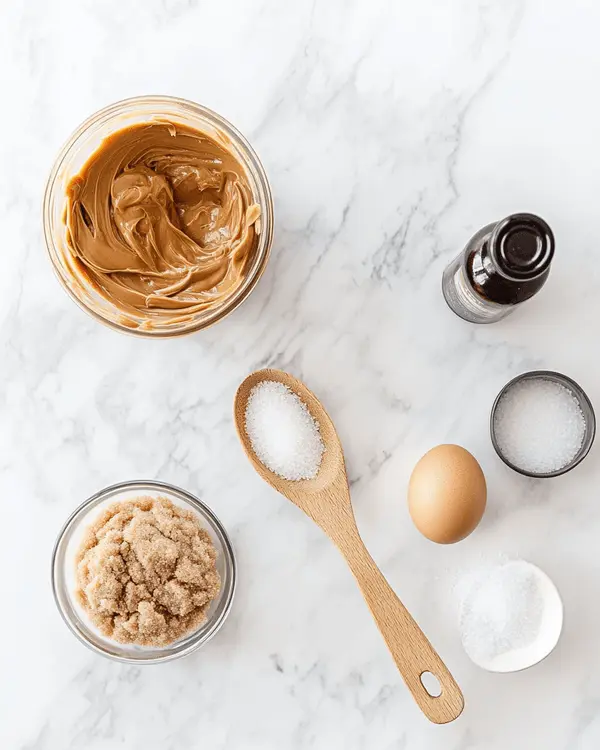 Peanut Butter Cookies in the Air Fryer 2 Ingredients for air fryer peanut butter cookies laid out on marble counter including peanut butter, sugars, egg, and vanilla extract