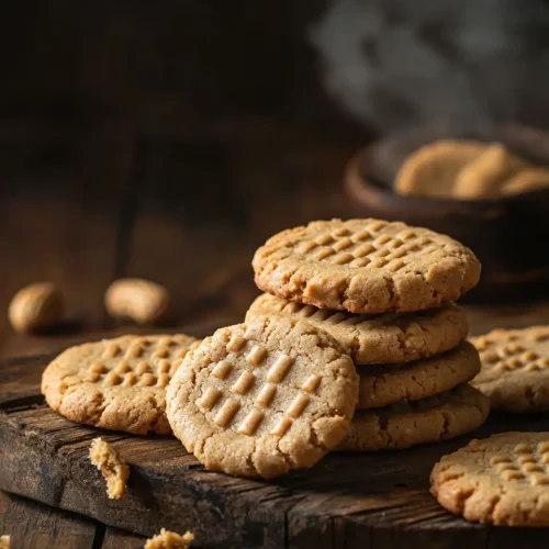 Fresh baked peanut butter air fryer cookies with golden brown color and classic crisscross pattern on rustic wooden board