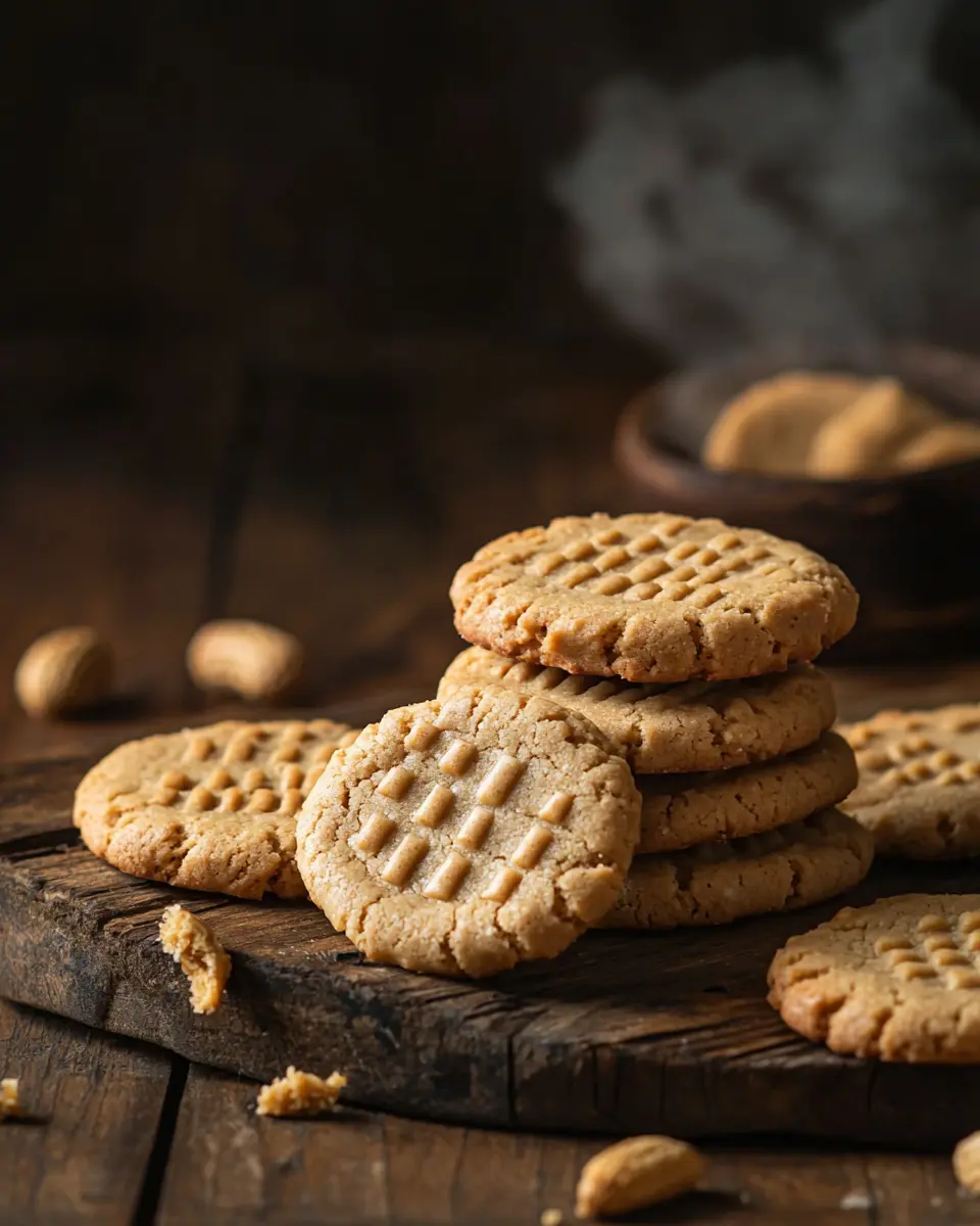 Fresh baked peanut butter air fryer cookies with golden brown color and classic crisscross pattern on rustic wooden board