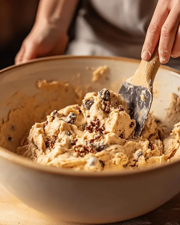 Peanut Butter Cookies with Pretzels 3 Peanut butter cookie dough being mixed with pretzels and chocolate chips in a bowl