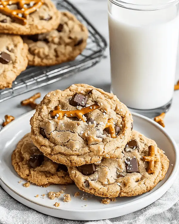 Peanut Butter Pretzel Cookies 4 Stack of three peanut butter pretzel cookies on white plate with glass of milk, showing chocolate chunks and pretzel pieces