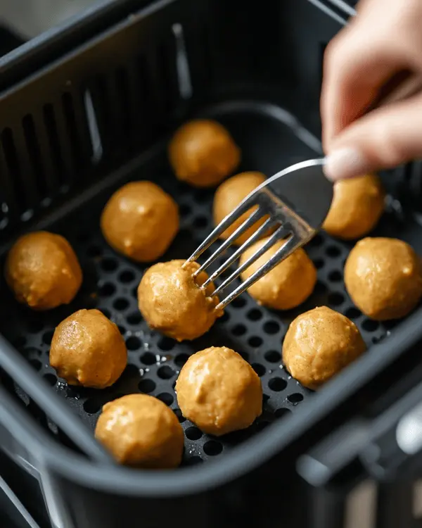 Hands pressing fork into peanut butter cookie dough to create classic crisscross pattern in air fryer basket