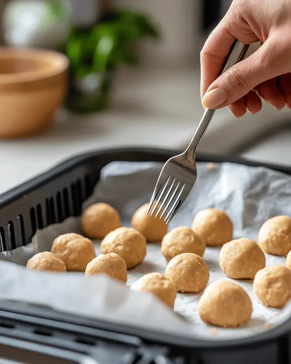 Peanut Butter Cookies in the Air Fryer 3 Hands pressing fork into peanut butter cookie dough to create crisscross pattern before air frying