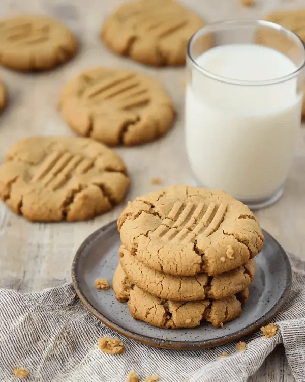 Air Fryer Peanut Butter Cookies 3 Ingredients 4 Fresh peanut butter cookies stacked on a plate beside a glass of milk.