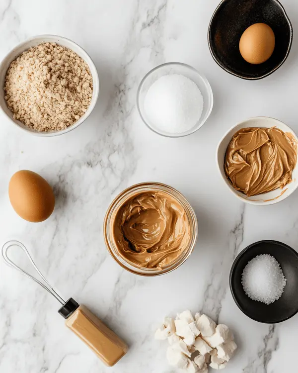 Ingredients for peanut butter air fryer cookies arranged on marble countertop including peanut butter jar, sugars, egg, and baking essentials