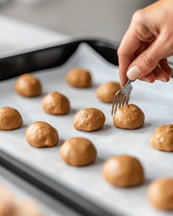 Air Fryer Peanut Butter Cookies 3 Ingredients 3 Hands shaping peanut butter cookie dough and pressing with a fork in air fryer tray.