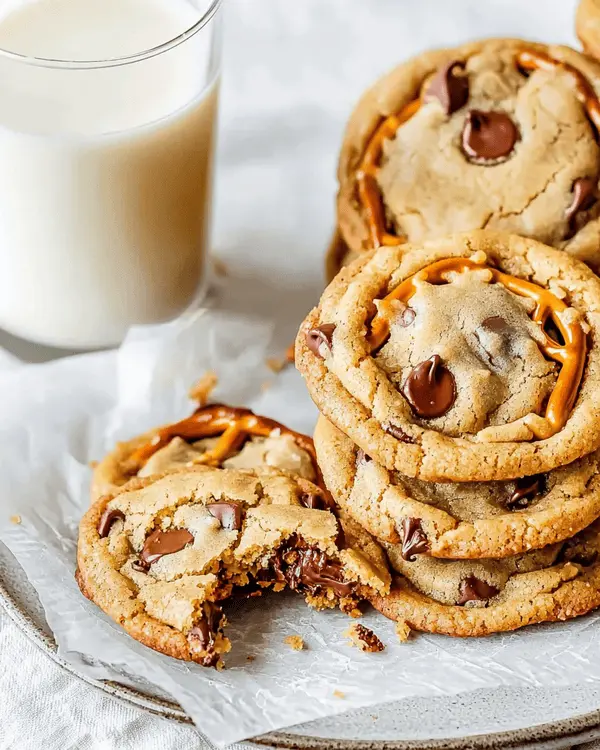 Peanut Butter Cookies with Pretzels 4 Stack of peanut butter cookies with pretzels served on a plate with a glass of milk