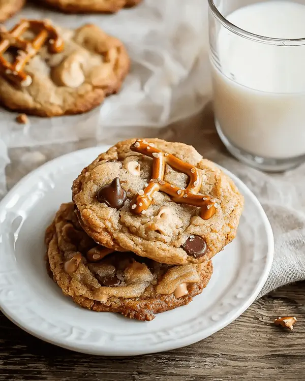 Ultimate Pretzel Peanut Butter Cookies 4 Stack of freshly baked pretzel peanut butter cookies on white plate with glass of milk, showing visible pretzel pieces and chocolate chips