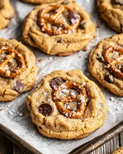 Close-up of freshly baked peanut butter pretzel cookies with golden edges, melted chocolate chunks, and pretzel pieces on parchment paper