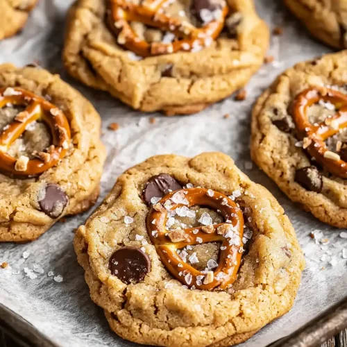 Close-up of freshly baked peanut butter pretzel cookies with golden edges, melted chocolate chunks, and pretzel pieces on parchment paper
