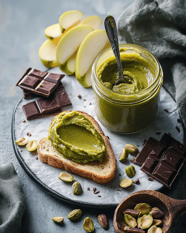 Various ways to serve Dubai pistachio butter - on toast, with fruit, and in chocolate