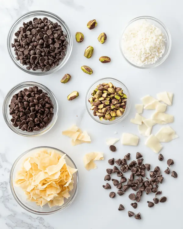 How to Make Dubai Chocolate with Pistachio Butter 2 Ingredients for Dubai chocolate with pistachio butter arranged on white marble surface including dark chocolate chips, pistachio butter, phyllo dough, and raw pistachios