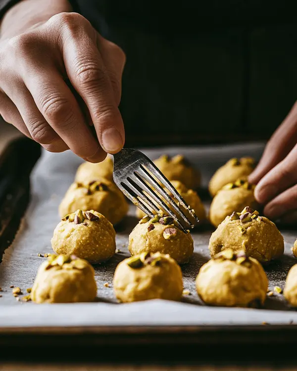 Creating crosshatch pattern on pistachio peanut butter cookie dough with fork on parchment-lined baking sheet